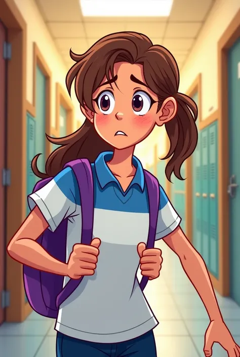 made a cartoon of a teenage girl and holding a paper wearing a white blue uniform shirt and a purple colored backpack against a background inside the school looking for her classroom hallway an expression of bewilderment