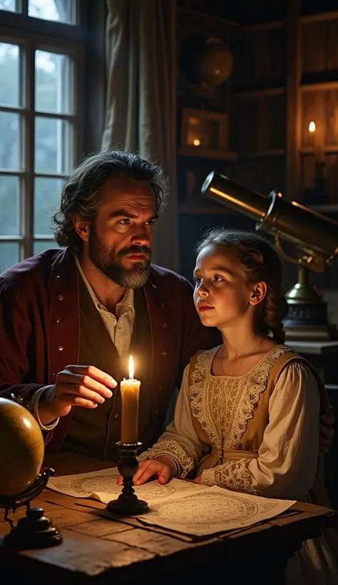 17th century German man teaching astronomy to his German daughter.  hyper realistic ,  dressed at the time . 