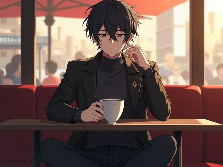 Solo, Male, anime, High Resolution, Best Quality, Masterpiece, HD, Dynamic, Earrings, Short Hair, Bangs, Black Hair, Crowded, camera outside window, Turtleneck with accessories and black slacks with black vest hanging by his shoulders, old money style, guy...