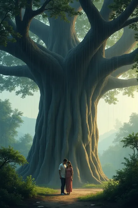  A man and a woman under a baobab tree , Sheltered from the rain ,  with drops of water shimmering under the light.

