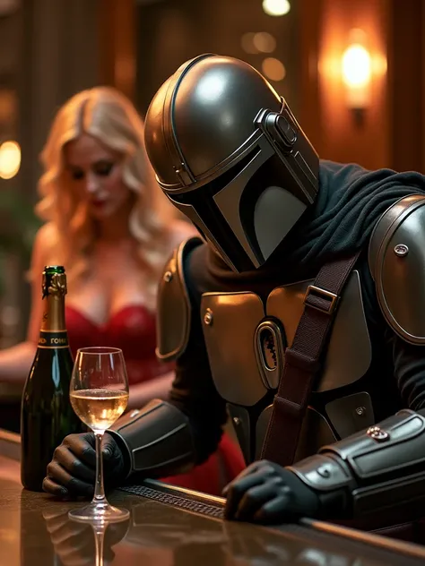 (Masterpiece. Professional light sculpting photography) a mandalorian warrior wearing an armor.he acts like he is the barman behind the bar of a luxury hotel. Cleaning a glass. Tilted head. Glass and bottle of champagne. Almost sleeping On the bar (from ba...