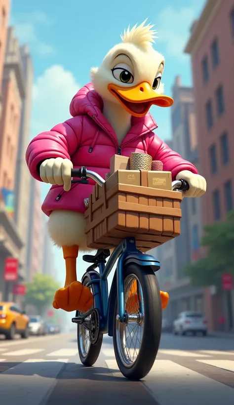  Duck using a pink jacket , riding a bike , in the back carrying a lot of speeding stuff on the road