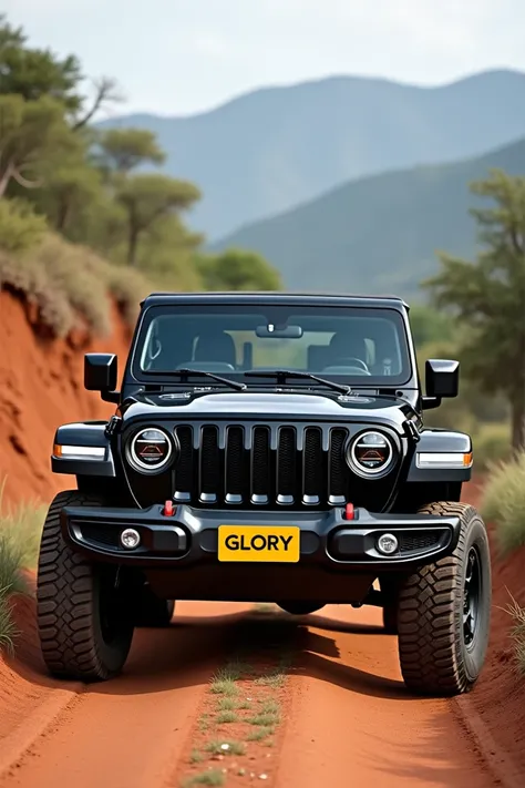 Create a 3D image of a black  jeep gladiator with a yellow license plate displaying the all capital latters  hold name "GLORY"front on Arusha Tanzania Roads all capital latters