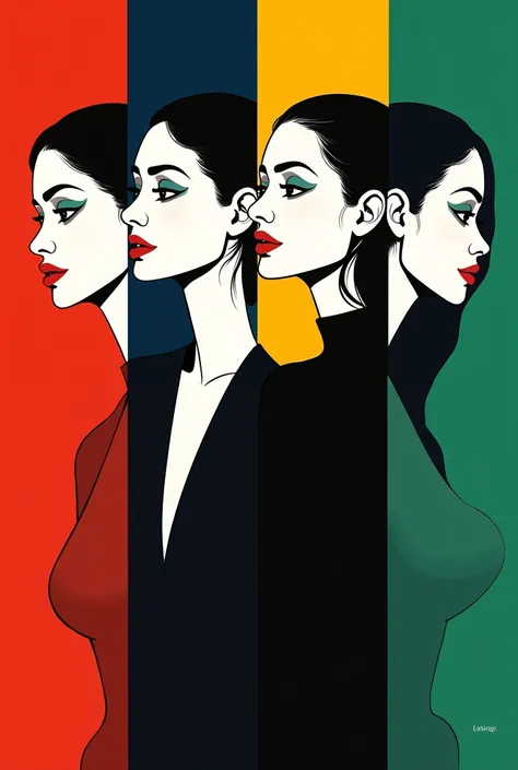 ２Ｄ illustration artwork ,  like a cosmetics advertisement , 4woman,  4 women are composed only of white and black, Female A has a red background ,  Female Bs background is yellow ,  Female Cs background is blue ,  Female Ds background is green ,  black bac...