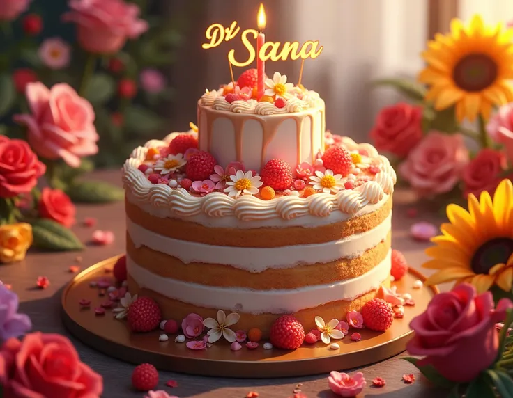 Birthday Big cream cake with strabery or candle, flower,rose,sunflower, or on cake sign Dr. Sana, & Happy Birthday