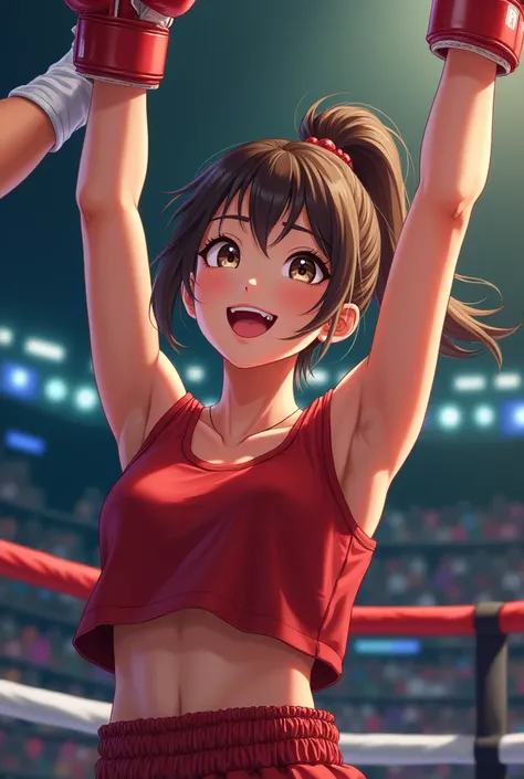 (Amazing. Super high quality. So beautiful. Super detailed. Perfect face. Perfect eyes. Perfect anatomy. A masterpiece. Unbelievable.) 2D, Japanese animation cel. A female boxer with a refreshing smile, confident of victory, with her face and one arm raise...