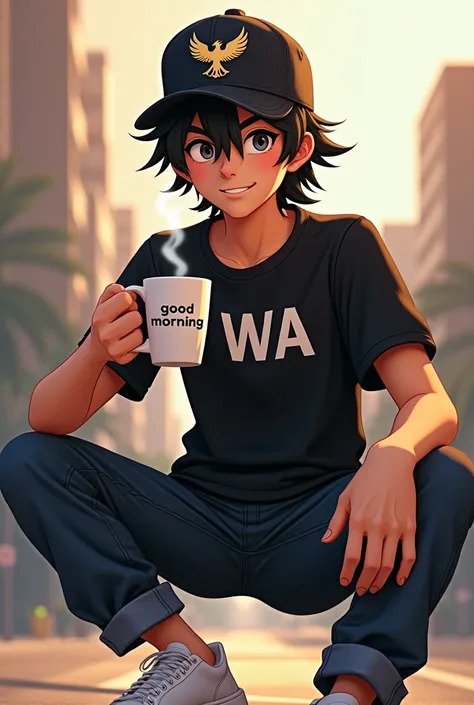 Make a white boy , medium black hair,  black cap with a Phoenix design .
 This boy wears a black shirt with initials on it "WA", bermuda jeans, white sneakers,  with a coffee mug in his hand ,  in this mug has the phrase  "good morning" And smoke is coming...