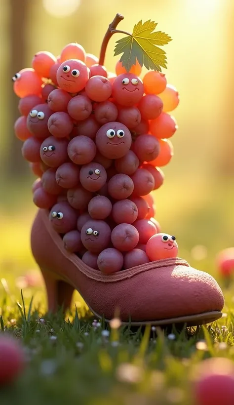 A whimsical creature made entirely of grapes, shaped like a playful, oversized shoe. Each grape is a tiny being with an adorable face, glowing wide eyes, and cheerful expressions. The grapes are tightly clustered to form the shoe’s structure, with some pee...