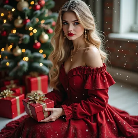 A Russian Girl Wearing Winter Dress , Long Blonde Hair, red Lips, Beautiful Eyes, Earring And Necklace, Shes Seating Front Of Christmas Tree Holding Gift in his hand, Christmas tree is fully decorated, heare is so many gifts in the floor , red carpet, Anat...