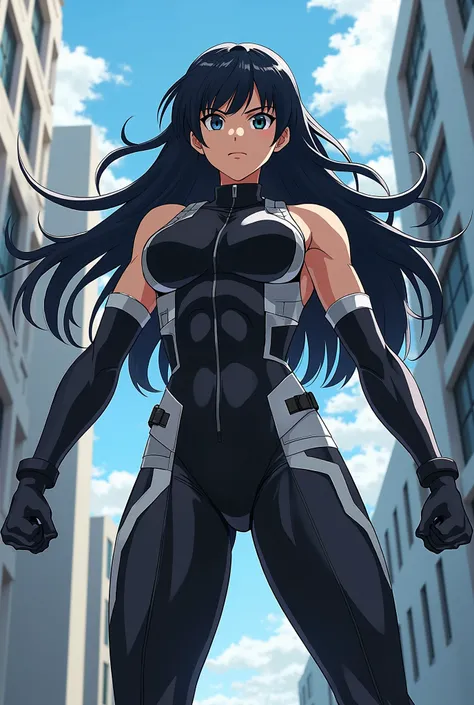   My Hero Academia style ,     anime girl  , woman, young woman ,    full body shot  ,(  Fighting Stance  :1.3),Long Hair,  black hair,    dark eyes ,  hero suit, Full Body Suit,  black suit with white details , perfect anatomy, （trained abs) ,  super deta...