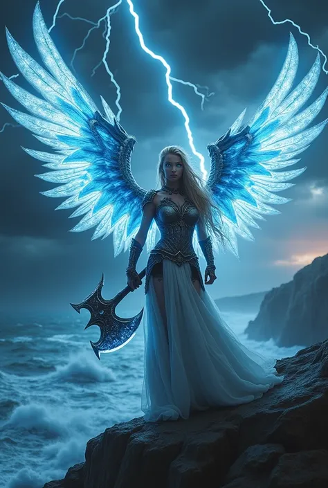 Cinematic photo, create the character in an imaginative, surreal environment that feel artistic and out-of-the-box. full-body portrait of a beautiful wing Valkyrie with electric blue and silver wings and medieval accessories. She wields a double-bladed axe...