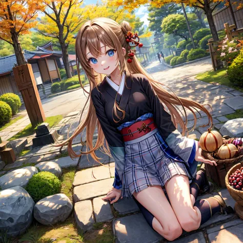 Chestnut Hair、 blue eyes、 with hair tied 、Two cute、 plaid miniskirt 、 BLACK T-SHIRT、 Long Sleeve 、kimono、striped high socks、Teeth are visible、lawn、The stone is cracked、Uneven ground、The road is curved、Large autumn tree、Mountain々、isolated island、iridescent ...