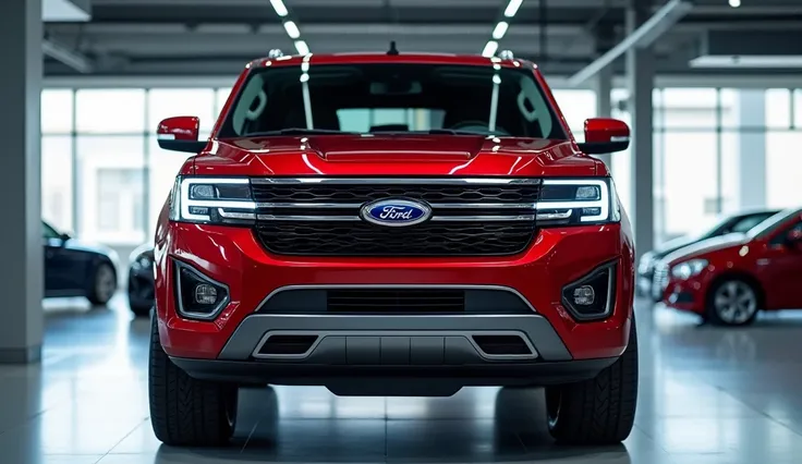 Ford excursion ) front view red color colour in the showroom.The front plate reads ". Excursion" View highlighted.