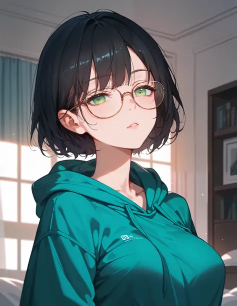 Masterpiece, (best quality), (high quality), anime, home bedroom, beautiful evening, 1girl, (droopy eyes), half closed eyes, big breasts, dark hair, straight hair, small glasses, green eyes, cropped hoodie, detailed, best quality shadows, 4K