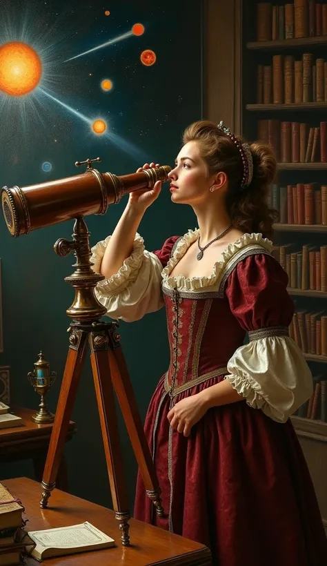 Young German woman of the 17th century discovering eclipses and comets from her telescope.  hyper realistic ,  dressed at the time  