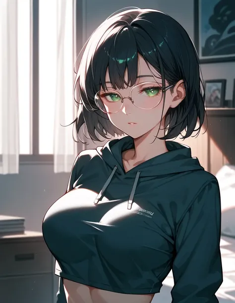 Masterpiece, (best quality), (high quality), anime, home bedroom, beautiful evening, 1girl, (droopy eyes), half closed eyes, big breasts, dark hair, straight hair, small glasses, green eyes, cropped hoodie, detailed, best quality shadows, 4K