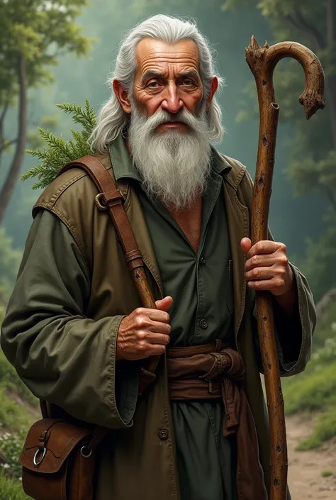 Old man with a wooden walking stick whose handle is curved 