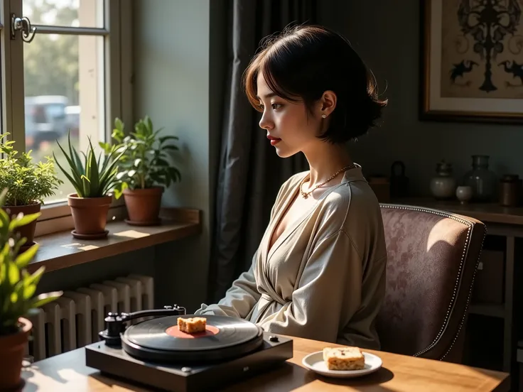 ( Vintage Record Player 、 Focus on record players:1.5)、Sit on a chair、Woman 、listen to music、 Coffee and Snacks on the Table 、 Cozy and Peaceful Atmosphere 、( best quality、4K、8k、 high definition 、masterpiece:1.2)、 super detailed、( real、 photorealistic、 pho...