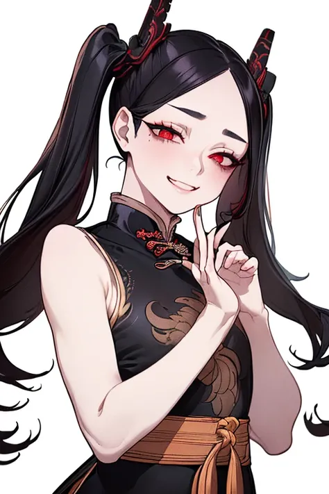 (masterpiece:1.2,    best quality),   anatomically accurate 、 ( Intricate Details ), (1 female）, Alone,     small breasts ，Alluring、 sexy pose、 upper body  、 Double Bang 、 black Chinese clothes、 Dumplings Twin Tails  、  black hair、 Create red under-eye col...