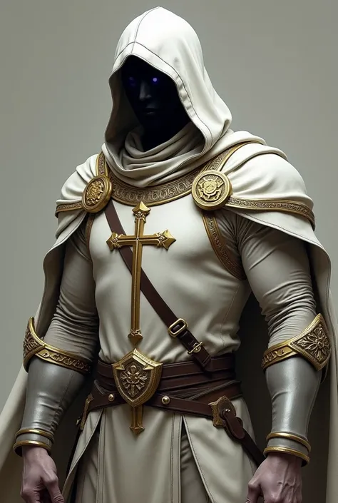 Photo of a 6 foot tall, husky, muscular male paladin in a hooded suit with light armor underneath, holding a longsword with both hands, no helmet, white and gold colored attire, his head is entirely shrouded by the shadow of the hood but the gleam of his o...