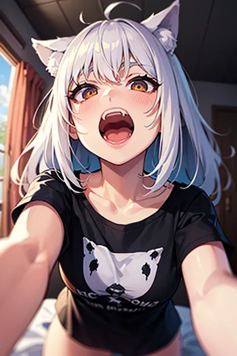  high definition ,  best quality, masterpiece,  1 girl ,  black hair, Disheveled Hair,  wolf ears , tooth, toothが尖っている, Cカップの胸, look up++++, Smell, excited,  open mouth widely,  Black Oversized T-shirt,  on the bed