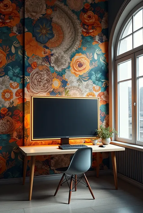 Computer in print of wall in room with beautiful designs