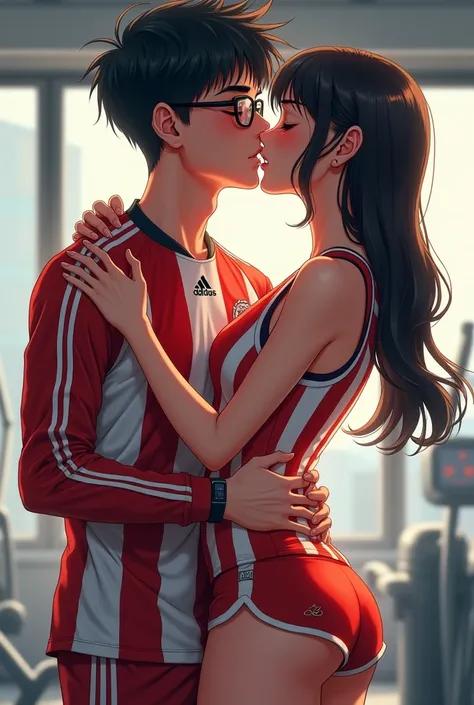  full body image, Anime images, Oral sexual intercourse, In the gym, คู่นักชายหญิงTwo people,The handsome, 17-year-old Chinese teenager, short-haired, wears glasses, wears a long-sleeved football sports shirt, red oily fabric with white stripes, and wears ...