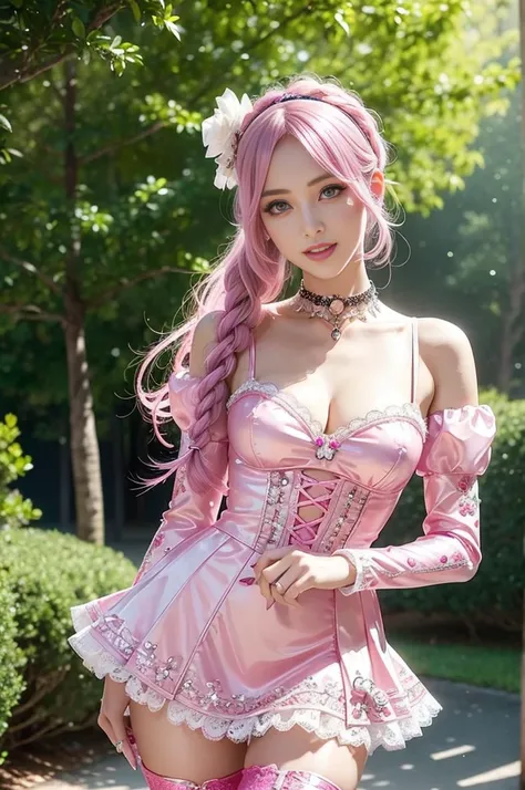 sexy stylish Swedish model, only 1 female, ((doll-like appearance)), long neon pink stylish hair, ((shiny Victorian-Style boots)), (big smile), ultra detailed eyes, vivid eye makeup, lipgloss, long lashes, defined eyebrows, ((sexy Paradise Kiss cosplay)), ...