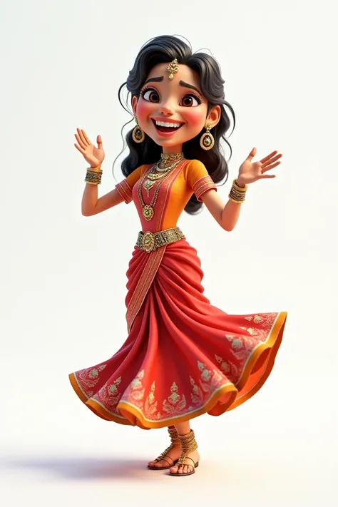 Cartoon 3d funny indian wealthy woman dancing, white background, 3d render, 8k, detailed