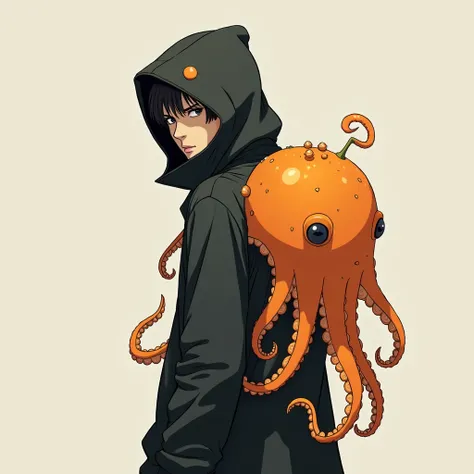 The anime man looks discreet, wearing a hood hugging orange fruit, on the back there is a large squiggly octopus.