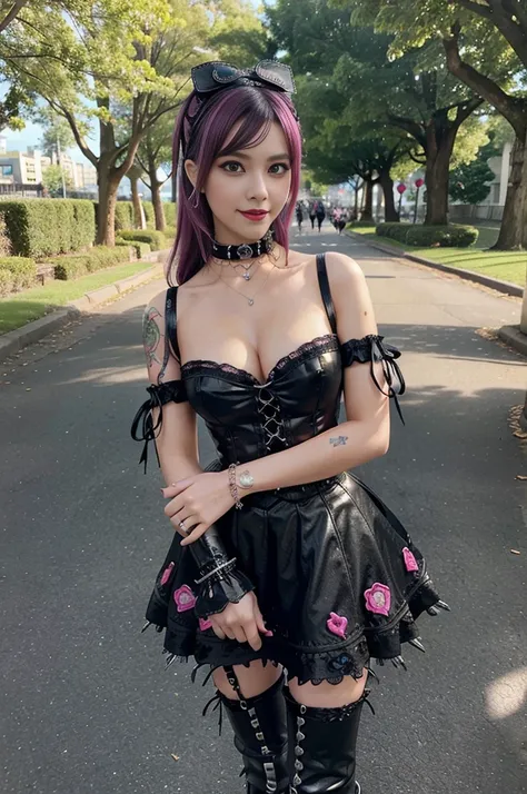 sexy stylish female model, only 1 female, ((doll-like appearance)), long dramatic stylish hair, ((shiny Punk-Style boots)), (smiling face), ultra detailed eyes, long lashes, eyeliner, ultra detailed eye-shadow, lip-gloss, ((sexy Punk Lolita cosplay)), unco...