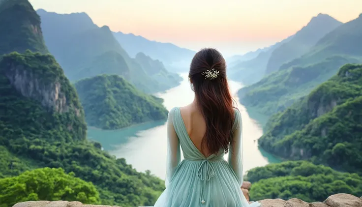 A beautiful woman with a beloved aura, back view, beautiful scenery