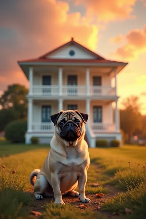 A Pug in front of a symmetrical white country house with two balconies in a northeastern Brazilian sunset 
