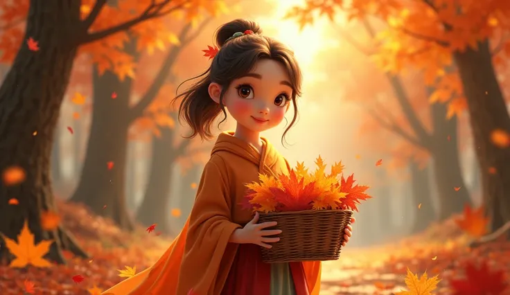 Yellow,  a forest full of orange and red leaves .  Autumn season holding a basket full of colorful leaves in her hands, harvest festival preparations in the background . Draw realistic in animation style .