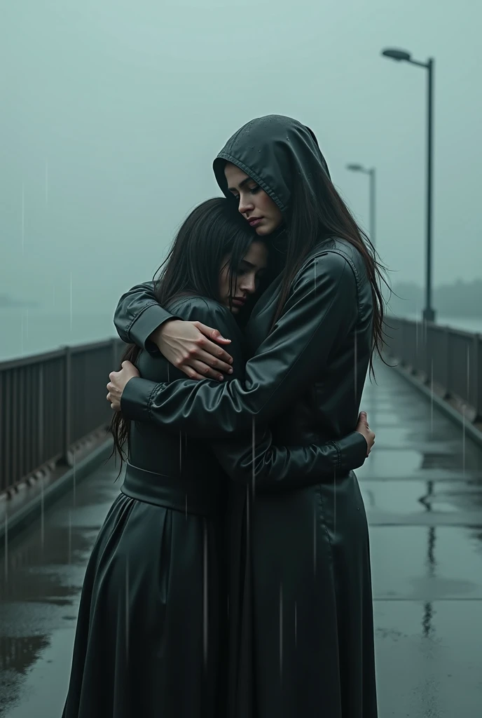 A somber and rainy scene on a desolate bridge. A woman, drenched by the rain, is being embraced by another figure who holds her tightly, as if comforting or restraining her. The woman appears fragile and defeated, her head leaning heavily against the other...