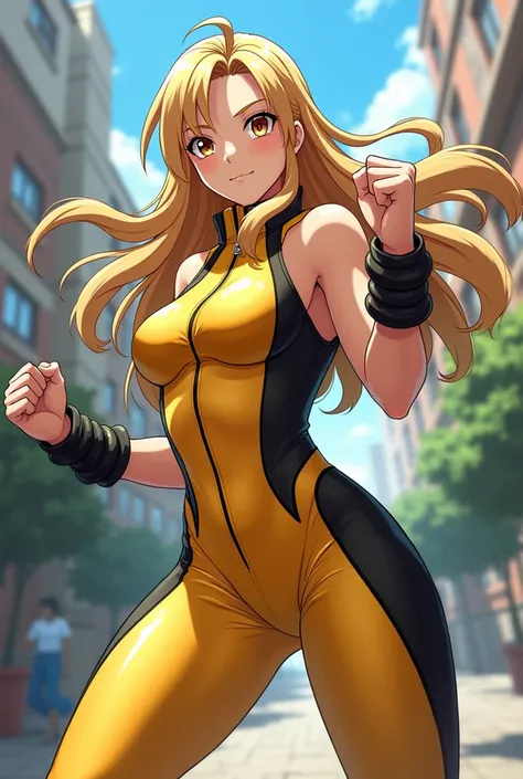 My Hero Academia Style , Anime girl, female, young female ,Full Body Shot,(fighting stance:1.3),Long hair, Yellow Hair,  Brown Eyes,Hero Suit, Full Body Suit, Gold suit with Black details, perfect anatomy, （trained abs),super detailed,(Buildings:1.2）