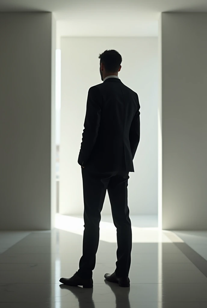 Image of a successful man backwards from the front but looking in the side. Full body., show the foot.