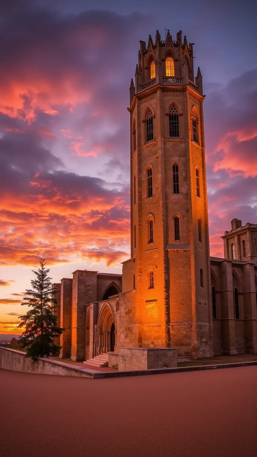 a cinematic hyper-realistic image of the seu vella cathedral viewed from a low-angle perspective (contrapicado), with the struct...