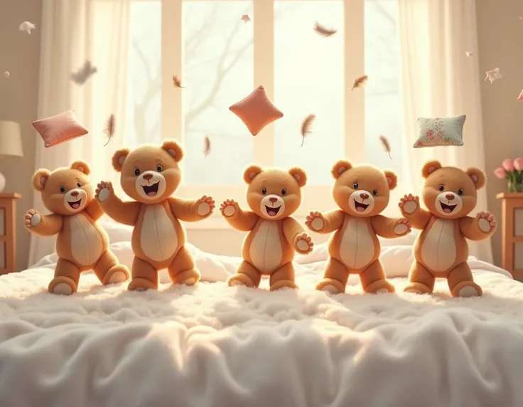 A playful scene of teddy bears jumping on a fluffy white bed, laughing and throwing tiny pillows as the morning sun streams through the window