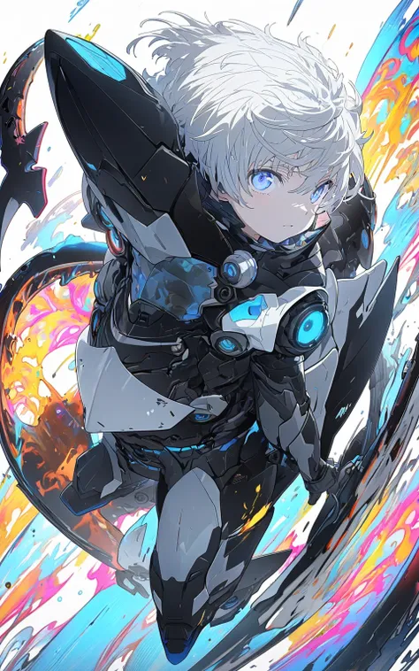 [(WHITE BACKGROUND:1.5),::5], ((masterpiece)), high quality, ultra very high resolution, full color, ((solo)), ((little younger boy)), Black cyborg armor, (ORCA armor), ((ORCA mechanical tail)), ((mens White hair)), (SkyBlue eyes), anime, ((Full body)), ne...