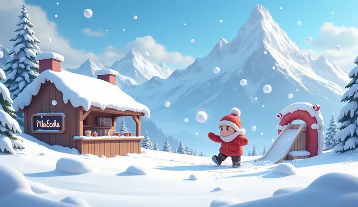 Snow-covered mountain landscape .  Winter figure with ren engaged in snowball battle ,  a stand serving a slide made of ice and hot chocolate in the background. Draw realistic in animation style .