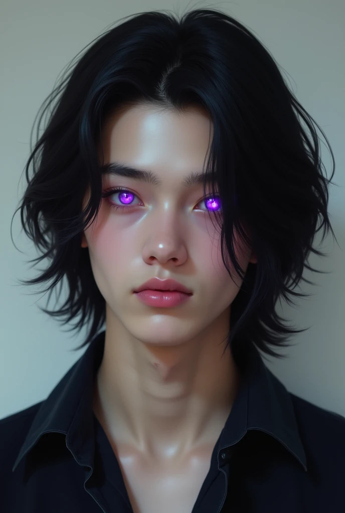 A young guy with purple eyes and black straight hair up to his shoulders