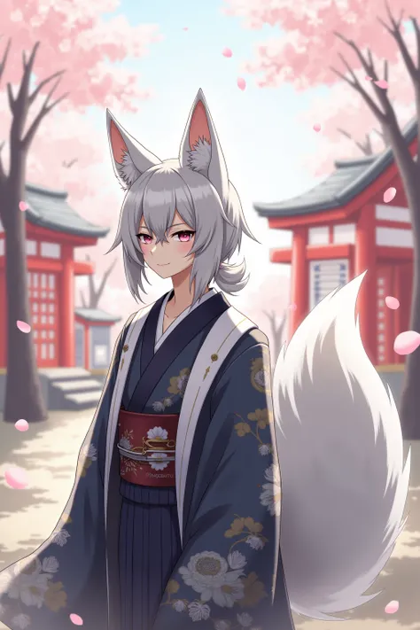 male Animorphic fox, silver hair, silver fox tail, in a kimono, Japan, cherry blossom trees, shrine  