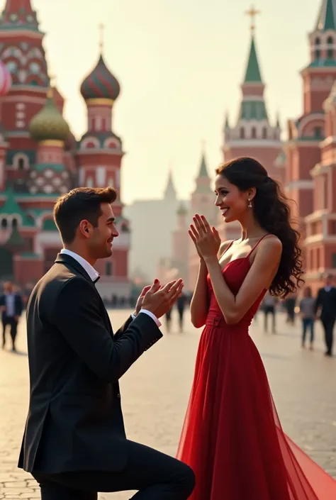 A young guy proposes to a girl on Red Square