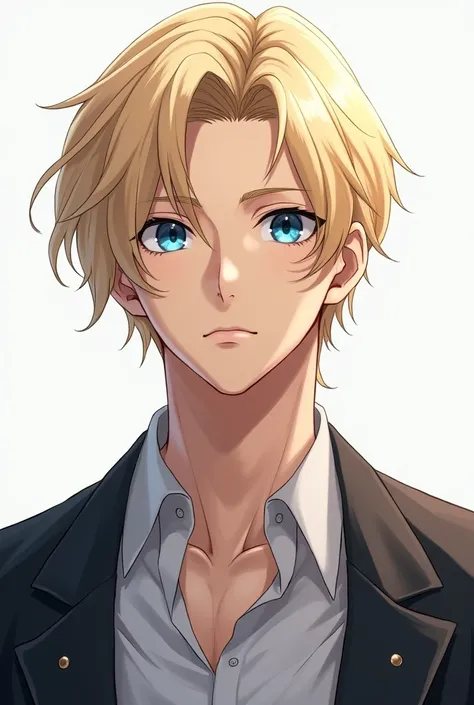  An anime man with blond hair, blue eyes and handsome .  Be serious and white 
