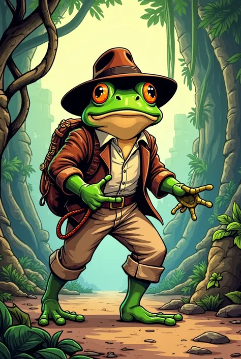 A vibrant and colorful comic-book-style illustration in 4K resolution of a full-body cartoonish frog dressed as Indiana Jones. The frog has an oversized head with exaggerated facial features, including big, expressive eyes and a cheeky grin. It wears a com...