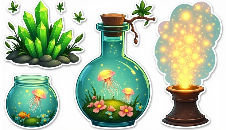 Magical sticker pack

Glowing green crystals A sticker featuring a cluster of vivid green crystals with intricate sparkling details. Above the crystals, soft lime-green fireflies are flying, emitting a faint magical glow.

Rainbow jellyfish in a flask A st...