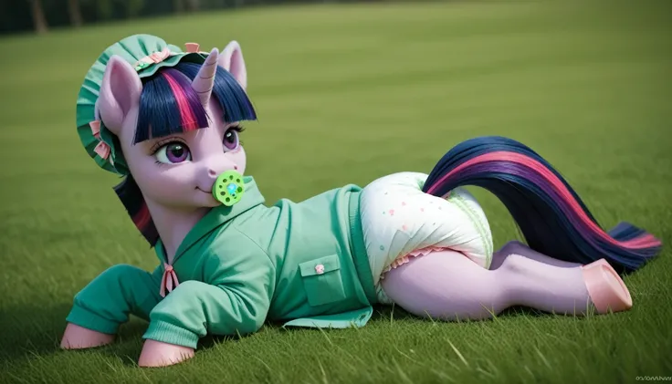 pony unicorn alone ,  Twilight Sparkle, filly , mane, gathered in a green bonnet, dark blue tail with a purple strand and a pink strand,  purple eyes, sitting outside on the grass, dressed in a green onesie,  green pacifier in her mouth , solo, thick diape...