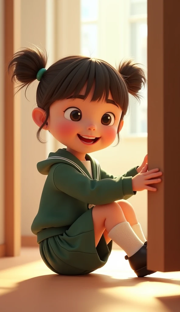 in the animated 3D image of a beautiful and adorable girl with her hair in two buns on top and bangs, wearing a dark green kindergarten school uniform, dark green rens skirt, white socks, black shoes. The style is 3D animation with a pastel color palette, ...