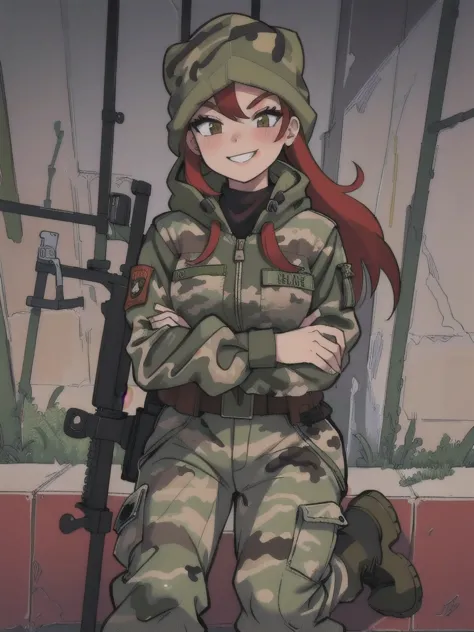 girl with smile and red hair, with a camouflage jacket, camouflage balaclava, camouflage pants and army boots.